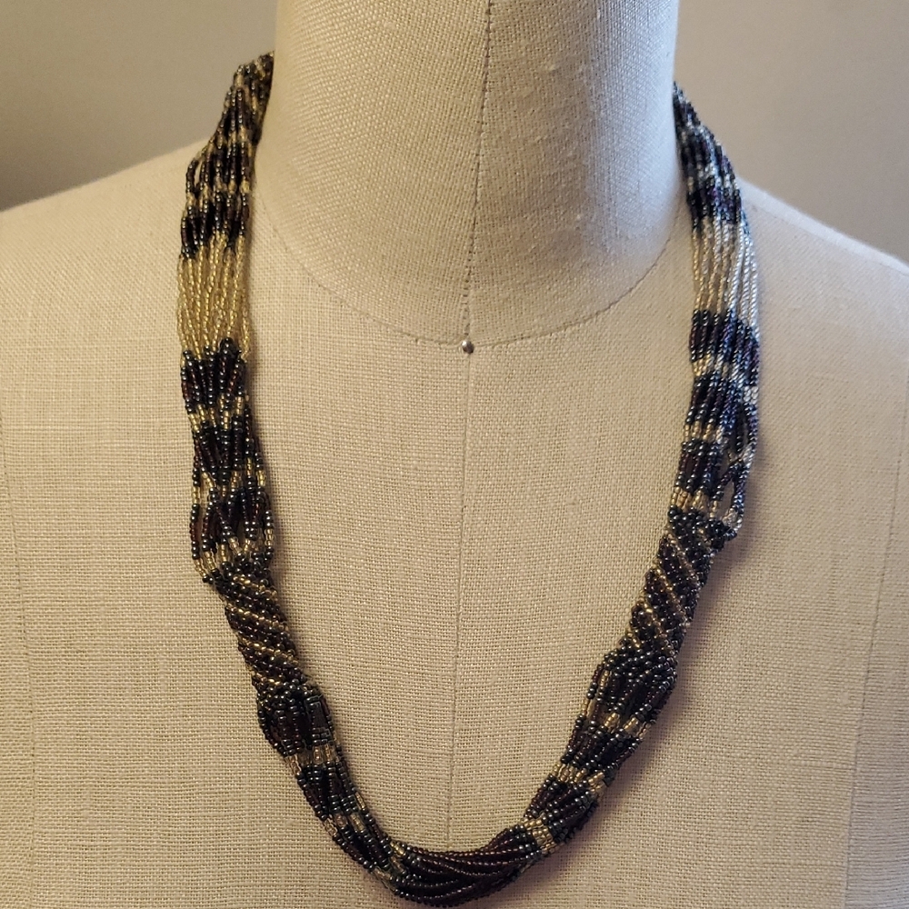 Vintage Black and Champagne Seed Beaded Necklace